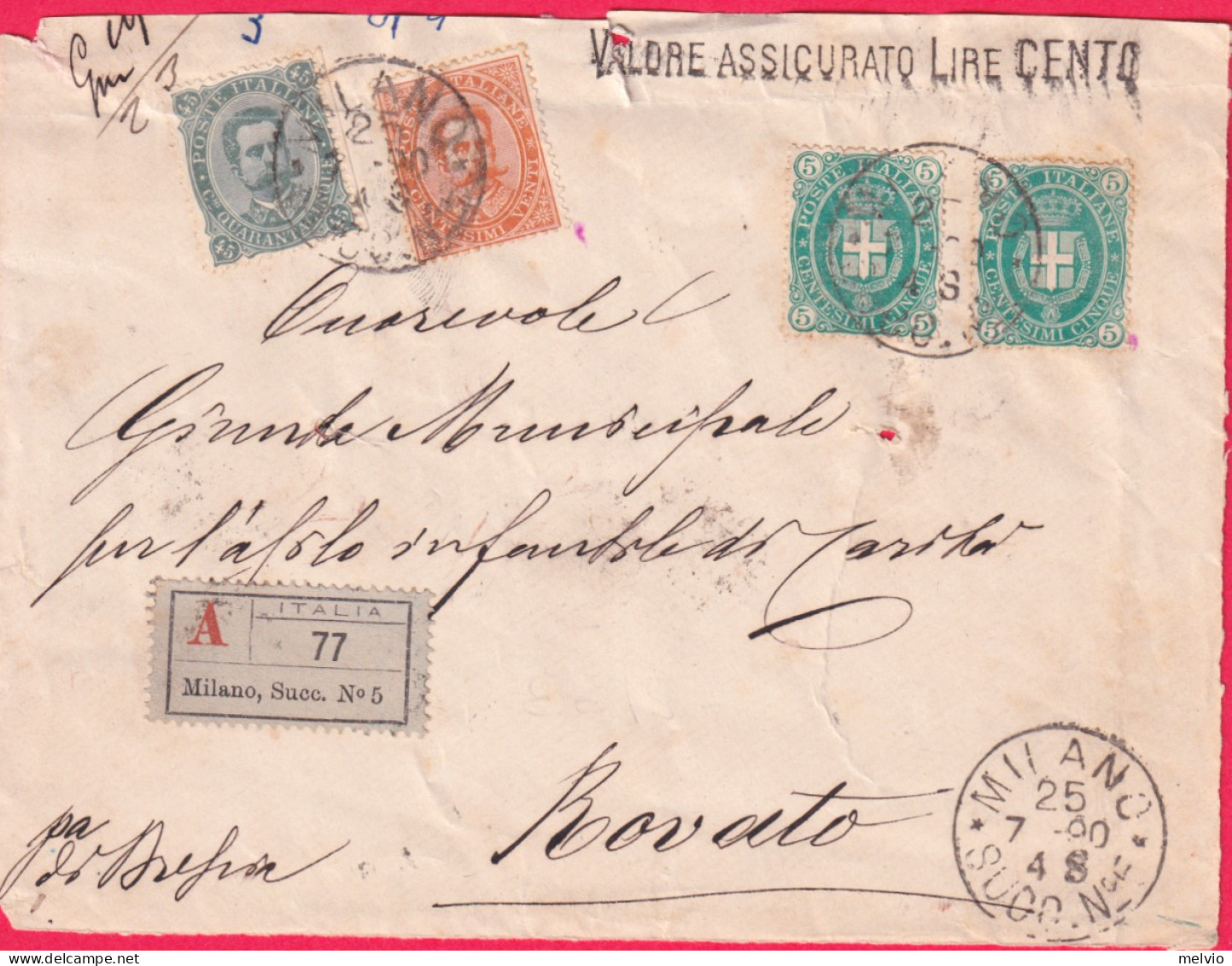 1890-frammento Di Assicurata Per L.100 Variamente Affrancato, I Due Valori Con E - Storia Postale