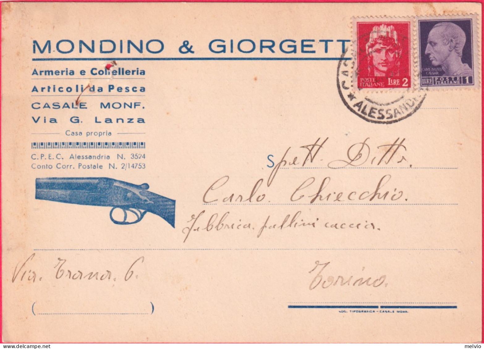 1946-intestazione Pubblicitaria Mondino & Giorgetti Armeria E Coltelleria Casale - Alessandria