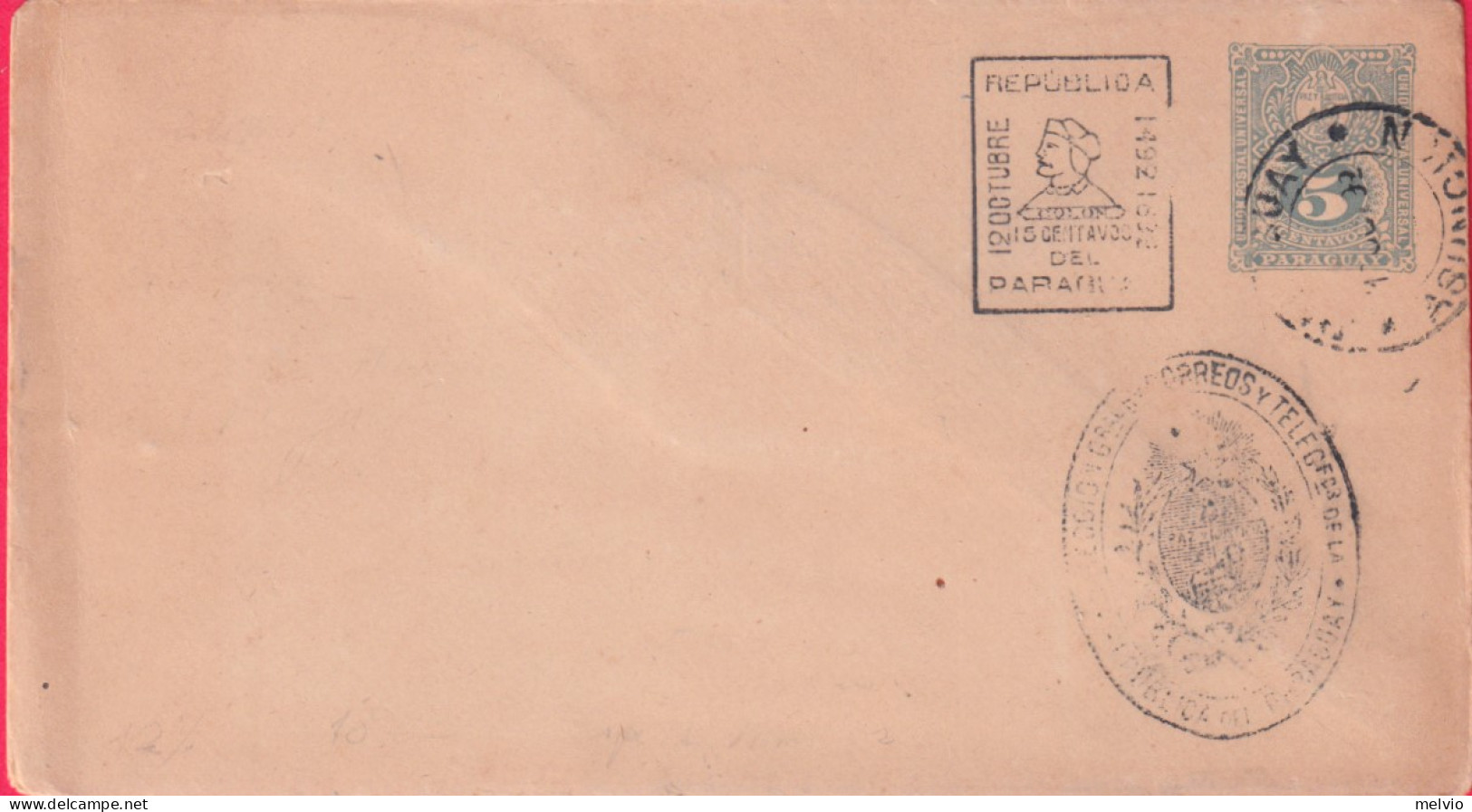 1892-Paraguay Biglietto Postale 5c.con Bollo Commemorativo Amerigo Vespucci - Paraguay