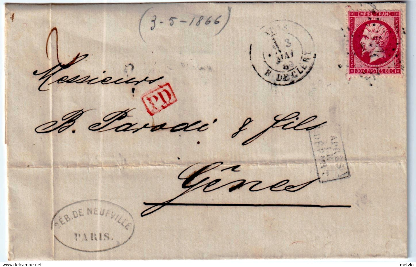 1866-Francia 80c. Napoleone III Su Sovracoperta Per Genova,tinta Vivace - 1862 Napoleon III
