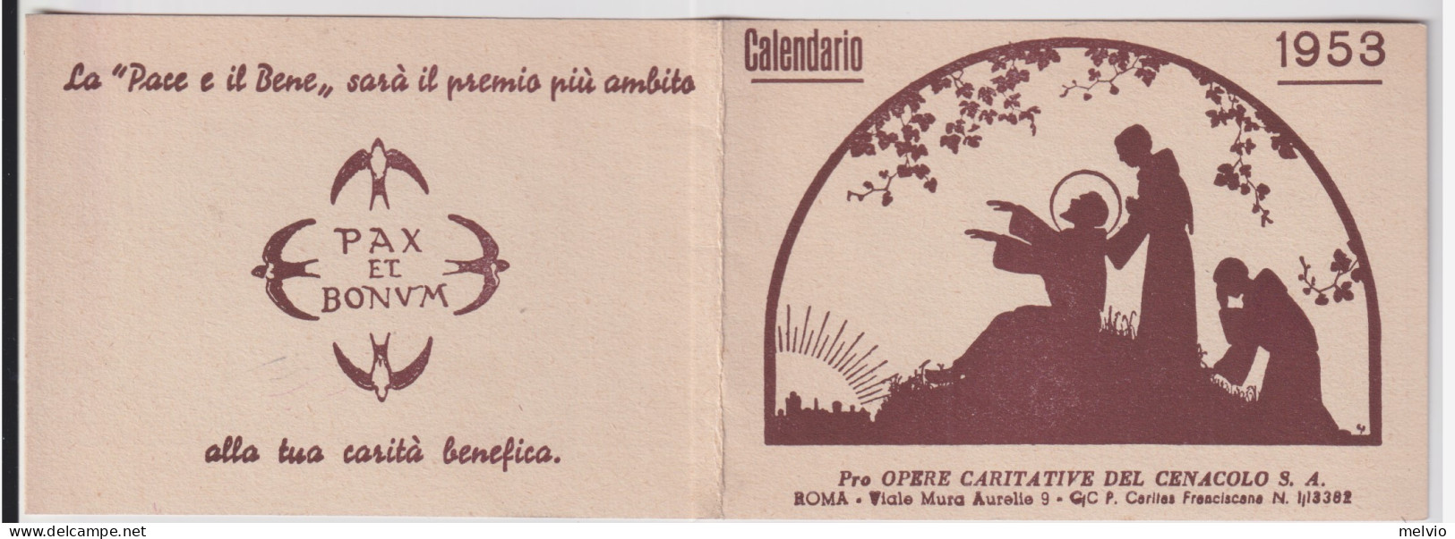 1953-calendarietto "pro Opere Caritative Del Cenacolo S.A." - Formato Piccolo : 1941-60
