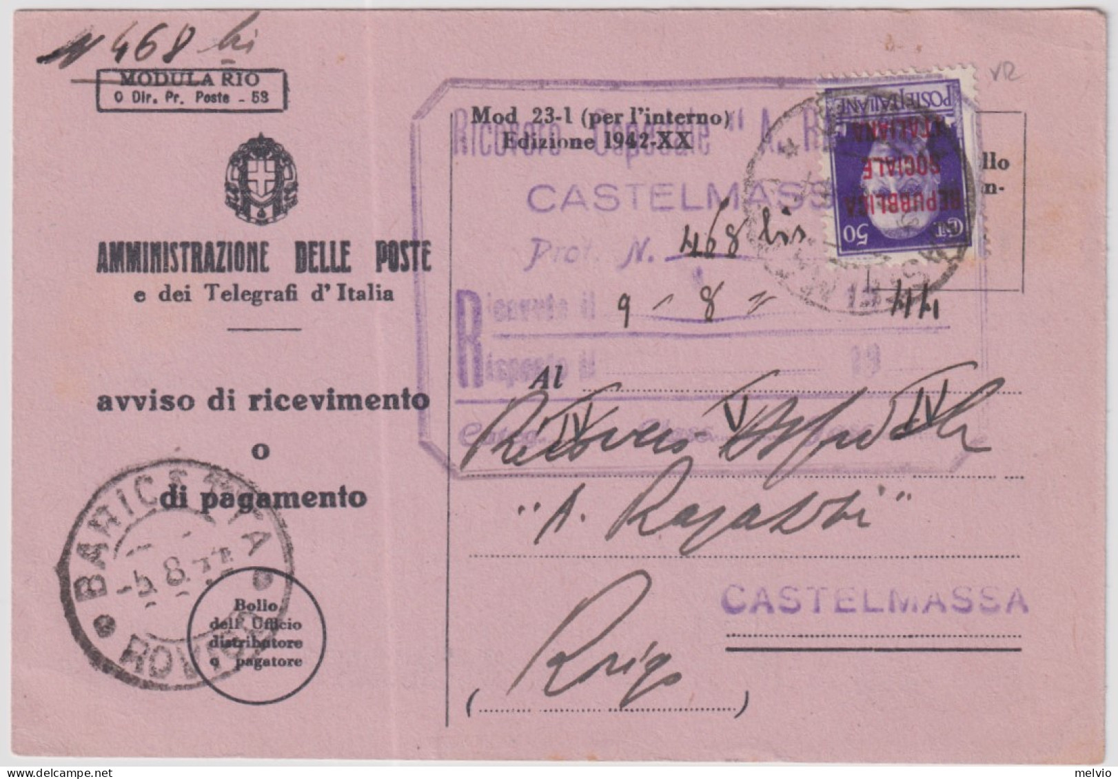1944-RSI Imperiale Sopr.c.50 Su Avviso Ricevimento Castelmassa (4.8) - Poststempel