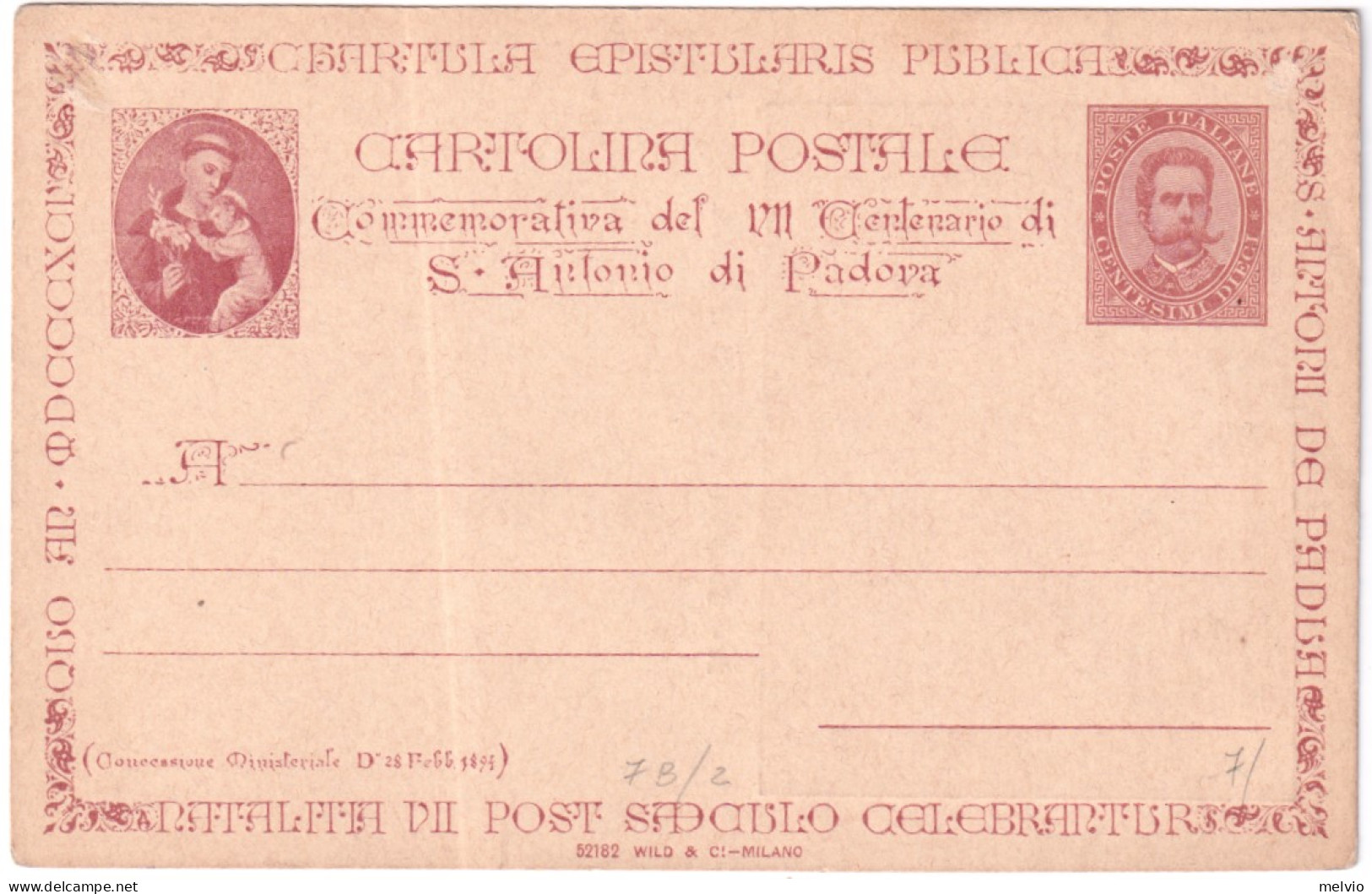 1895-cartolina Commissione Privata S.Antonio Da Padova 10c.vignetta In Rosso Ver - Ganzsachen