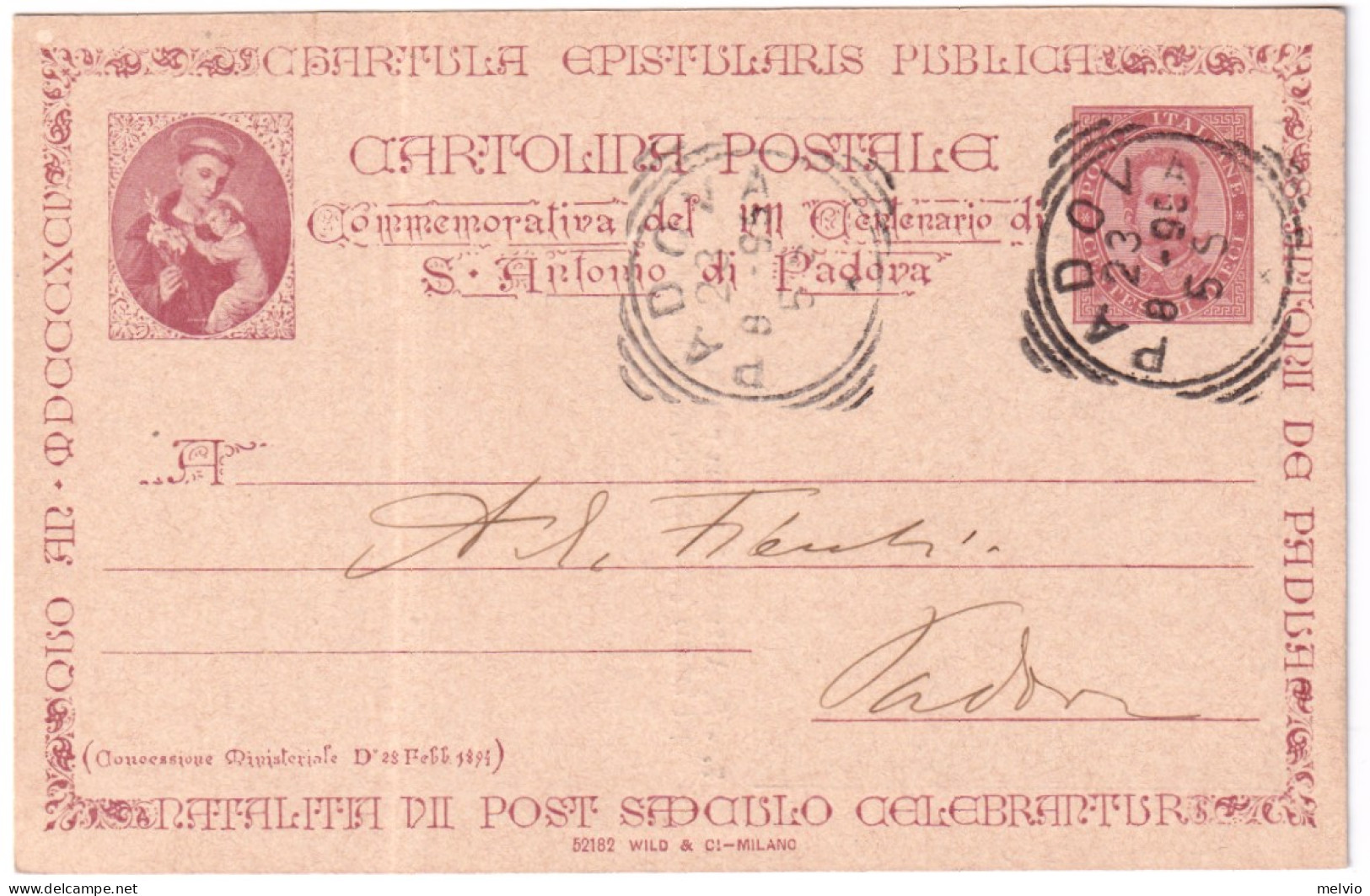 1895-cartolina Commissione Privata S.Antonio Da Padova 10c.vignetta In Nero INFA - Stamped Stationery
