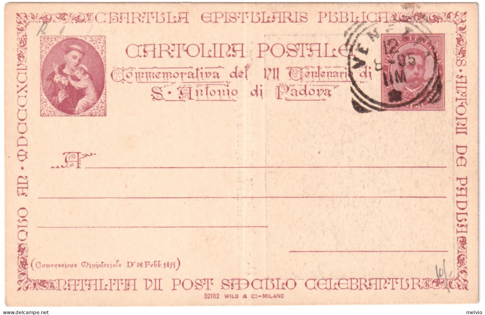 1895-cartolina Commissione Privata S.Antonio Da Padova 10c.vignetta In Nero COR  - Entiers Postaux