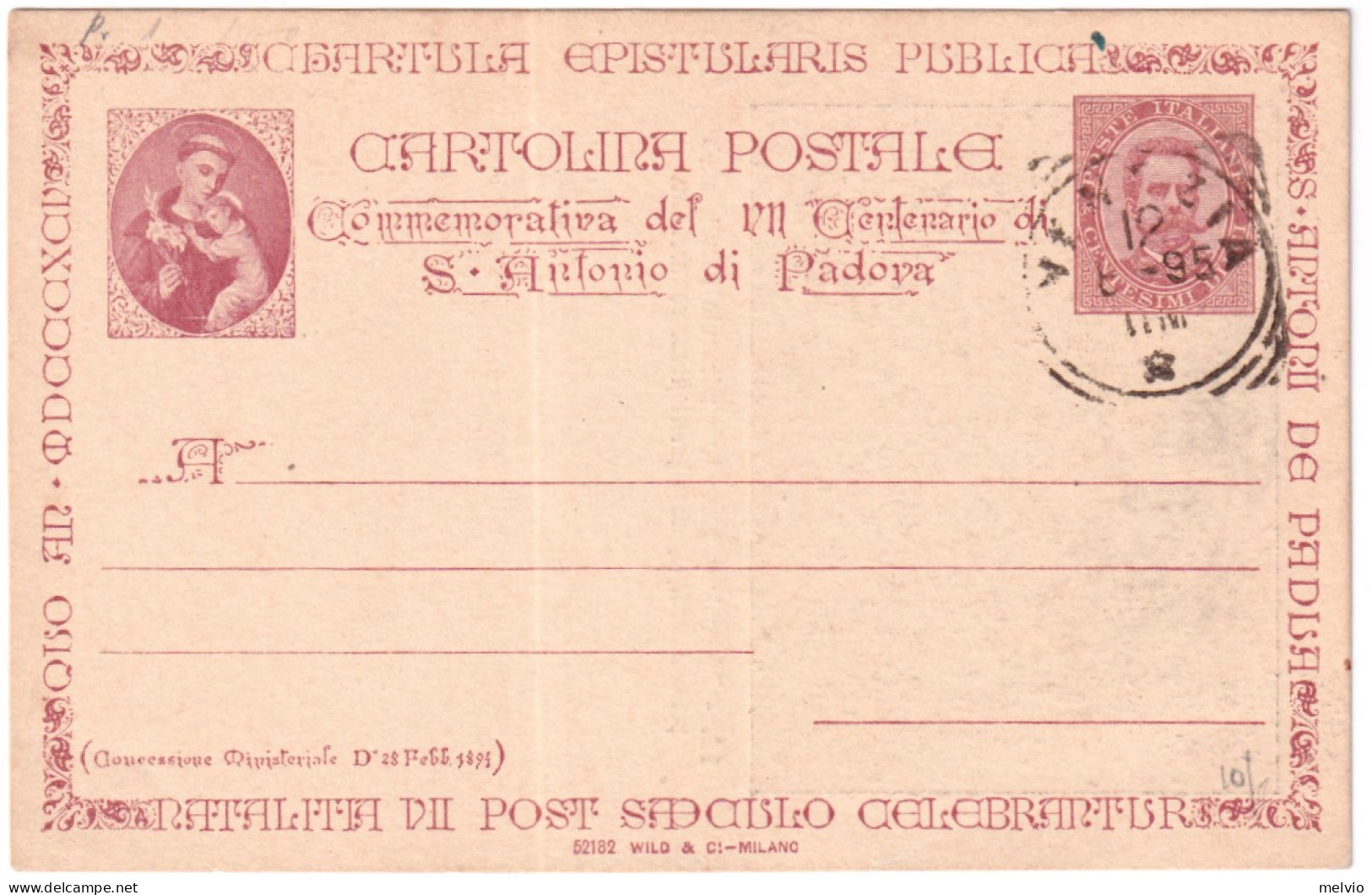 1895-cartolina Commissione Privata S.Antonio Da Padova 10c.vignetta In Nero ALEA - Ganzsachen