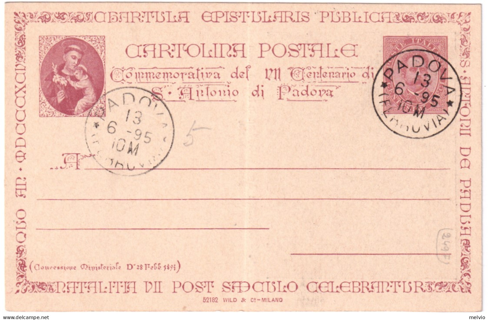 1895-cartolina Commissione Privata S.Antonio Da Padova 10c.vignetta In Nero VENE - Entiers Postaux