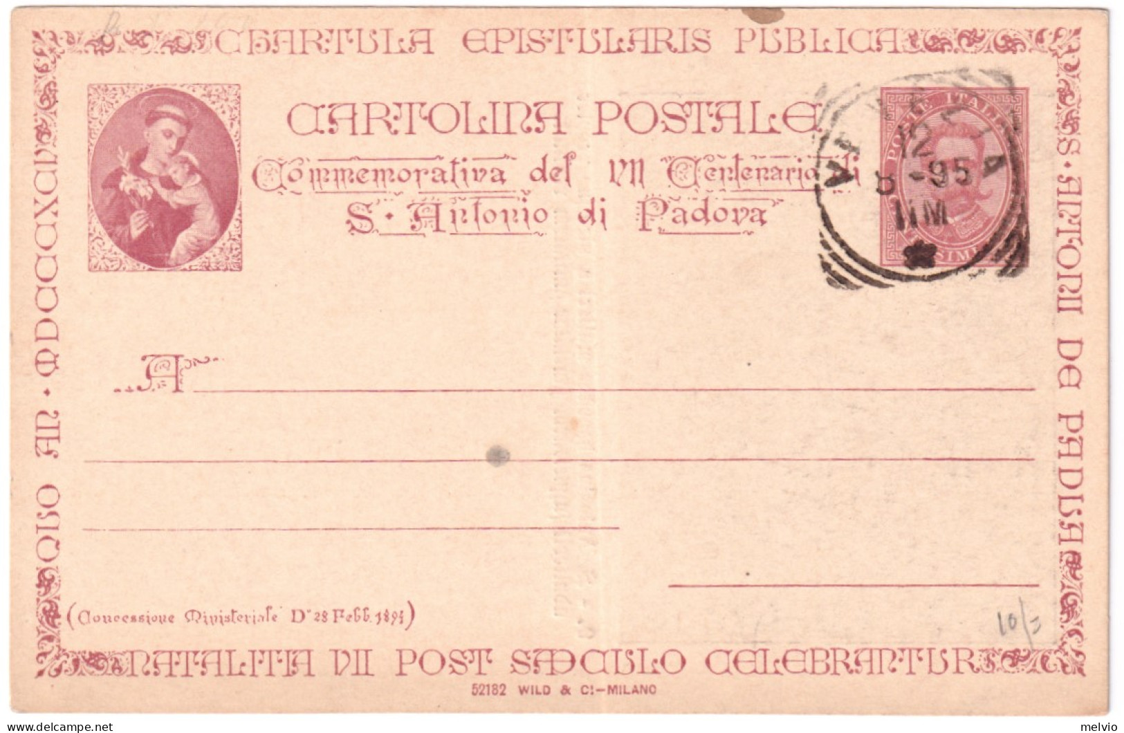 1895-cartolina Commissione Privata S.Antonio Da Padova 10c.vignetta In Nero HONE - Entiers Postaux