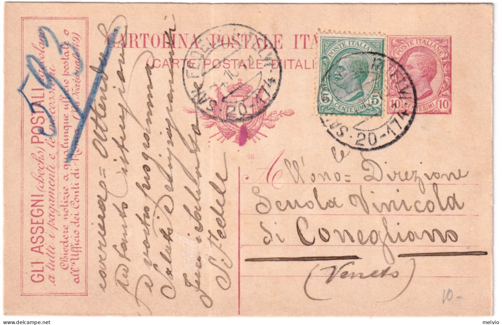 1919--intero Pubblicitario 10c. Assegni Postali Cat.Filagrano R1 Con Affrancatur - Entero Postal