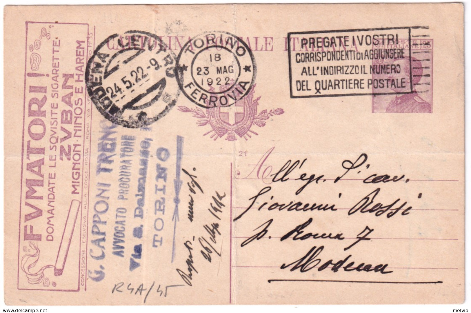 1922--intero Pubblicitario 25c. Sigarette Zuban Cat.Filagrano R4 A Viaggiato, Le - Entero Postal