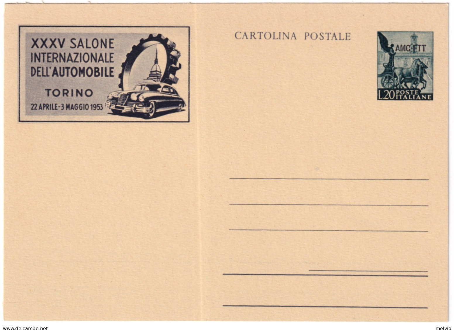 1953-Trieste A Cartolina Postale L.20 XXXV Salone Auto Torino Cat.Filagrano C 21 - Marcophilie