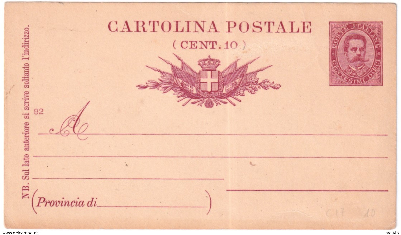 1892-cartolina Postale 10c.Umberto I^ Mill.92 Cat.Filagrano C 17 - Ganzsachen