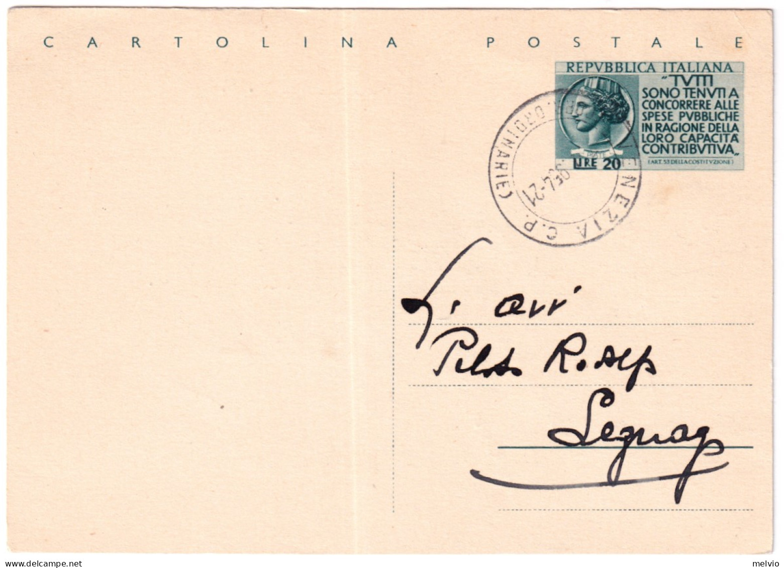 1954-cartolina Postale L. 20 Pro Erario Viaggiata Cat.Filagrano C 158 - Interi Postali