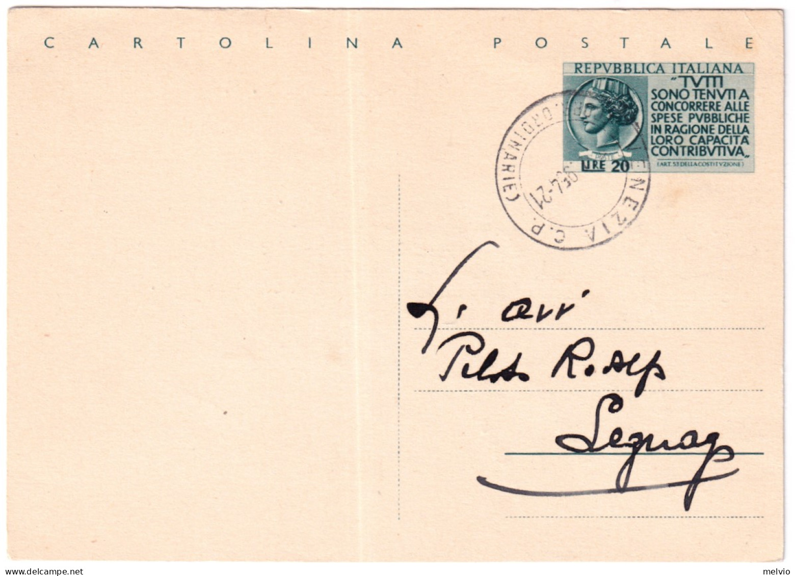 1954-cartolina Postale L. 20 Pro Erario Viaggiata Cat.Filagrano C 158 - Ganzsachen