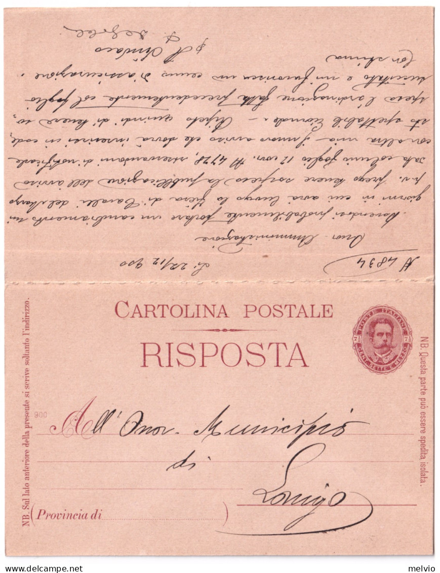 1899-cartolina Postale Con Risposta 7,5c.+7,5c. Mill.900 Con Le Due Parti Ancora - Stamped Stationery