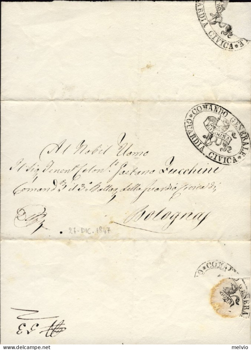 1847-lettera Della Guardia Civica Di Bologna Indirizzata Al Comandante Del 3 Bat - ...-1850 Voorfilatelie