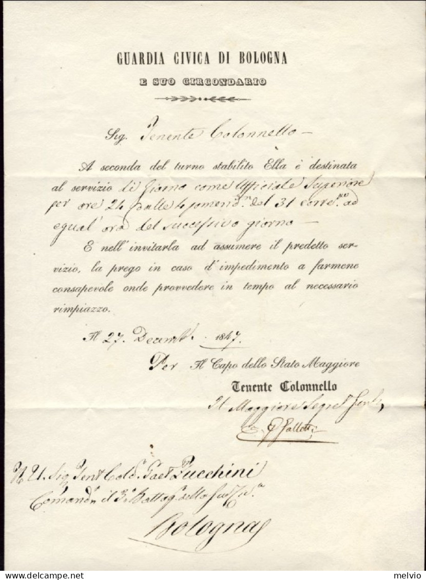 1847-lettera Della Guardia Civica Di Bologna Indirizzata Al Comandante Del 3 Bat - 1. ...-1850 Prefilatelia