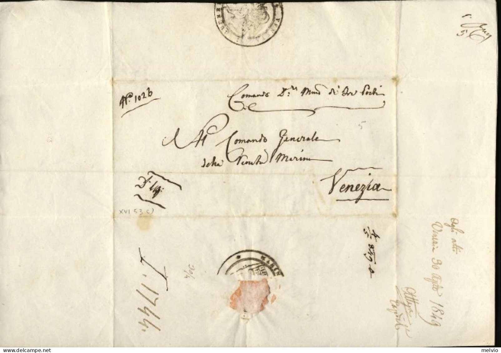 1849-bollo Circolare "marina Veneta Di Guerra! Lettera Indirizzata Al Comando Ge - 1. ...-1850 Prephilately