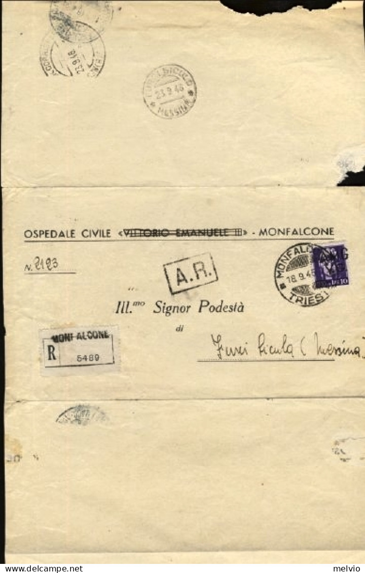 1946-Venezia Giulia AMG VG 18 Settembre Piego Ospedaliero Monfalcone Raccomandat - Storia Postale