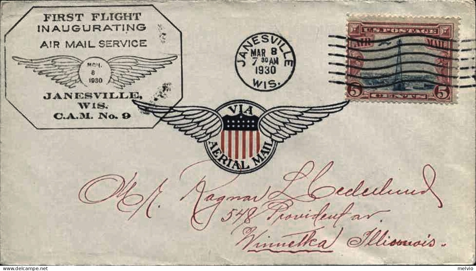 1930-U.S.A. Con Cachet Figurato I^volo Inaugurale Janesville Wis.-C.A.M.n.9 - 1c. 1918-1940 Covers