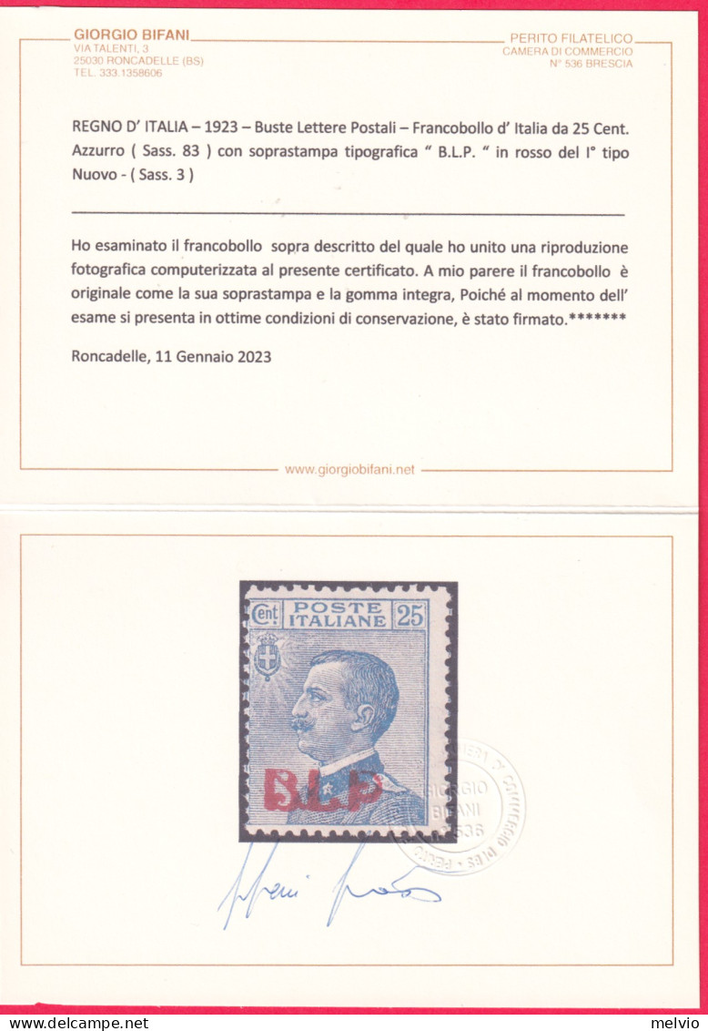 1923-Italia (MNH=**) BLP 25c. Con Soprastampa Tipografica In Rosso Del I° Tipo,  - Mint/hinged