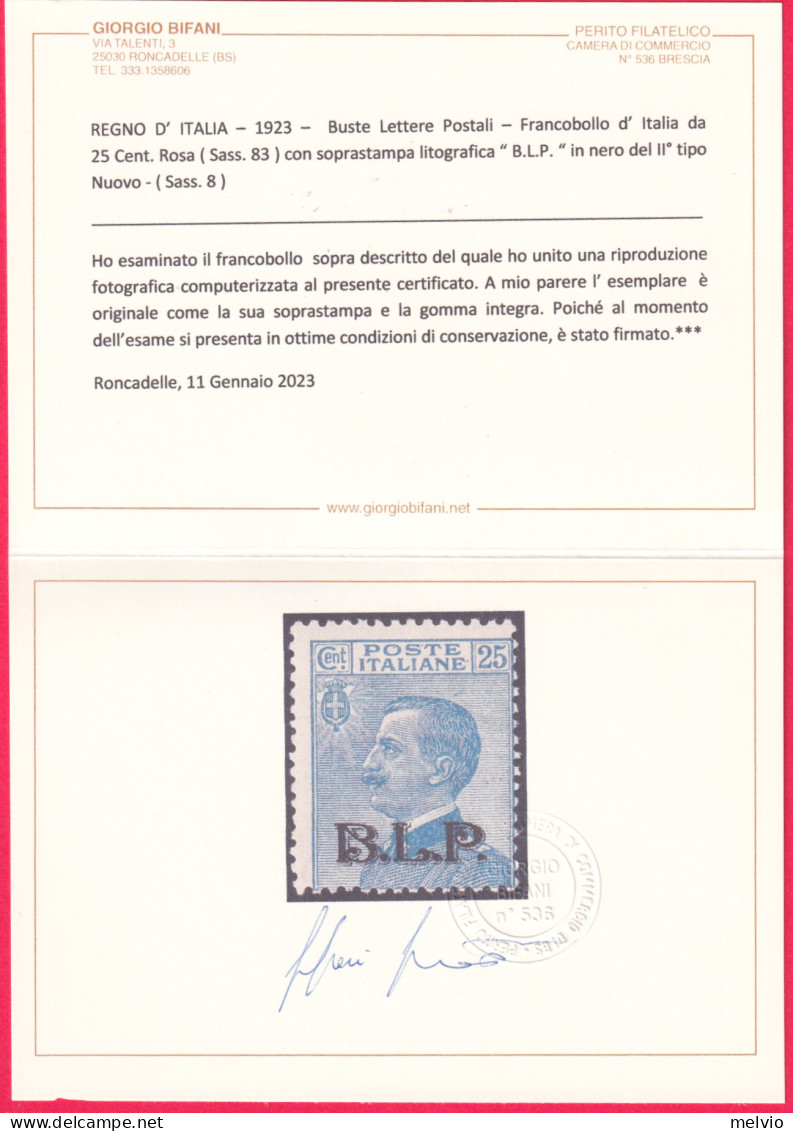 1923-Italia (MNH=**) BLP 25c. Con Soprastampa Litografica Del II° Tipo, Certific - Nuovi