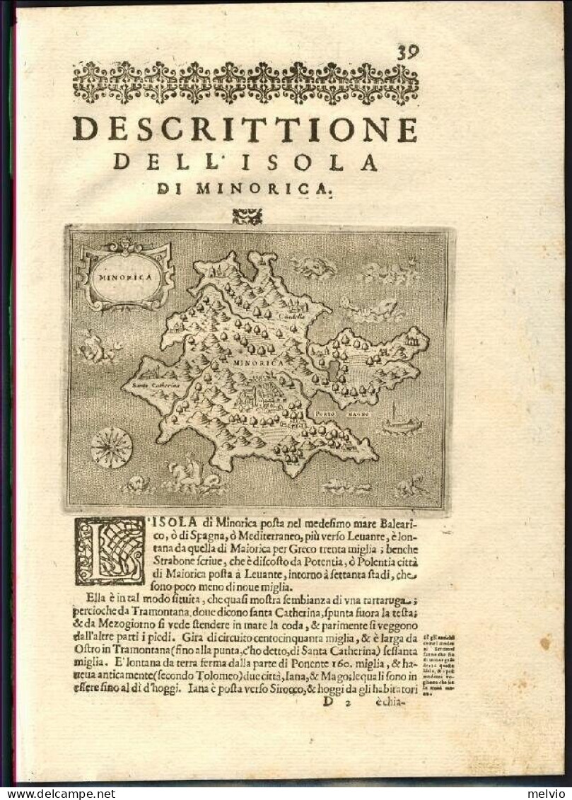 1620-Porcacchi Minorica [Minorca] Dim.pagina 21x29cm.garantita Originale E Perfe - Carte Geographique