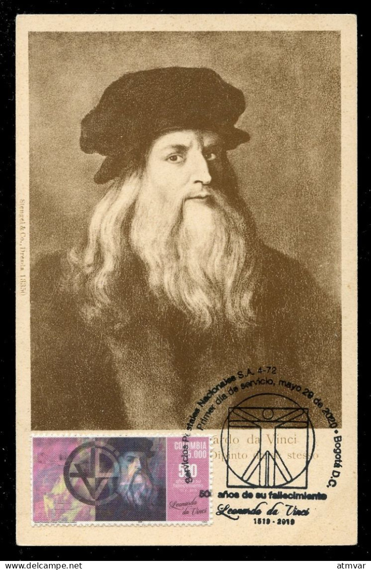 COLOMBIA (2019) Carte Maximum Card - 500 Años Fallecimiento Leonardo Da Vinci, Galleria Degli Uffizi - Kolumbien