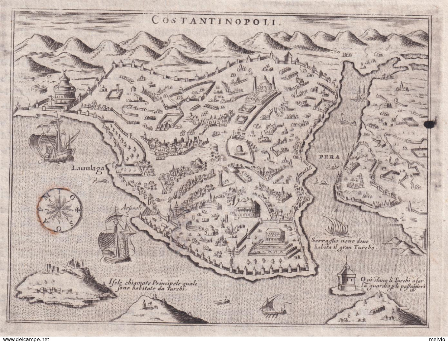 1620-Porcacchi Costantinopoli [Greek Island] Dim.pagina 21x29cm.garantita Origin - Cartes Géographiques