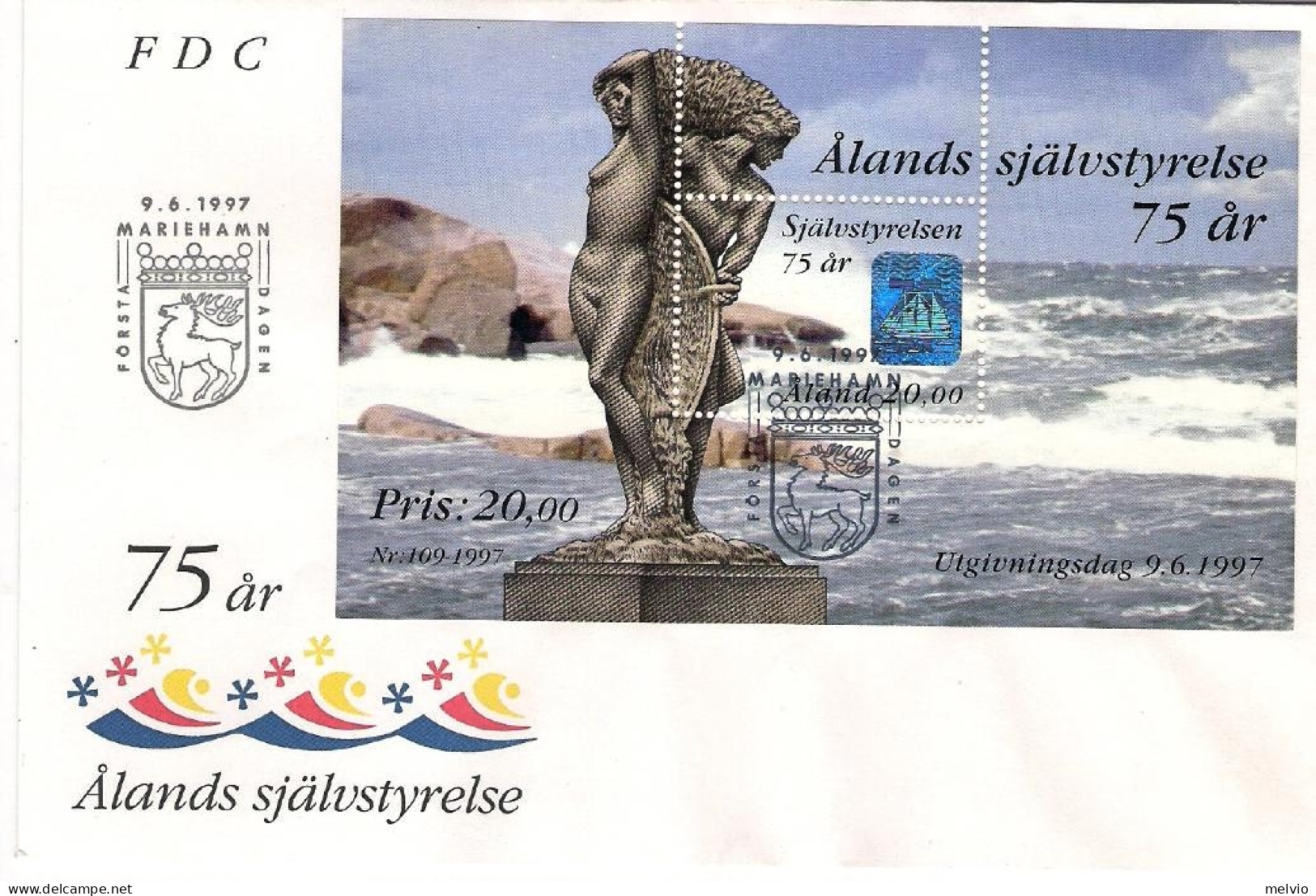 1997-Aland Foglietto Con Olografia S.1v."75 Anni Dell'autonomia Di Aland"su Fdc  - Ålandinseln