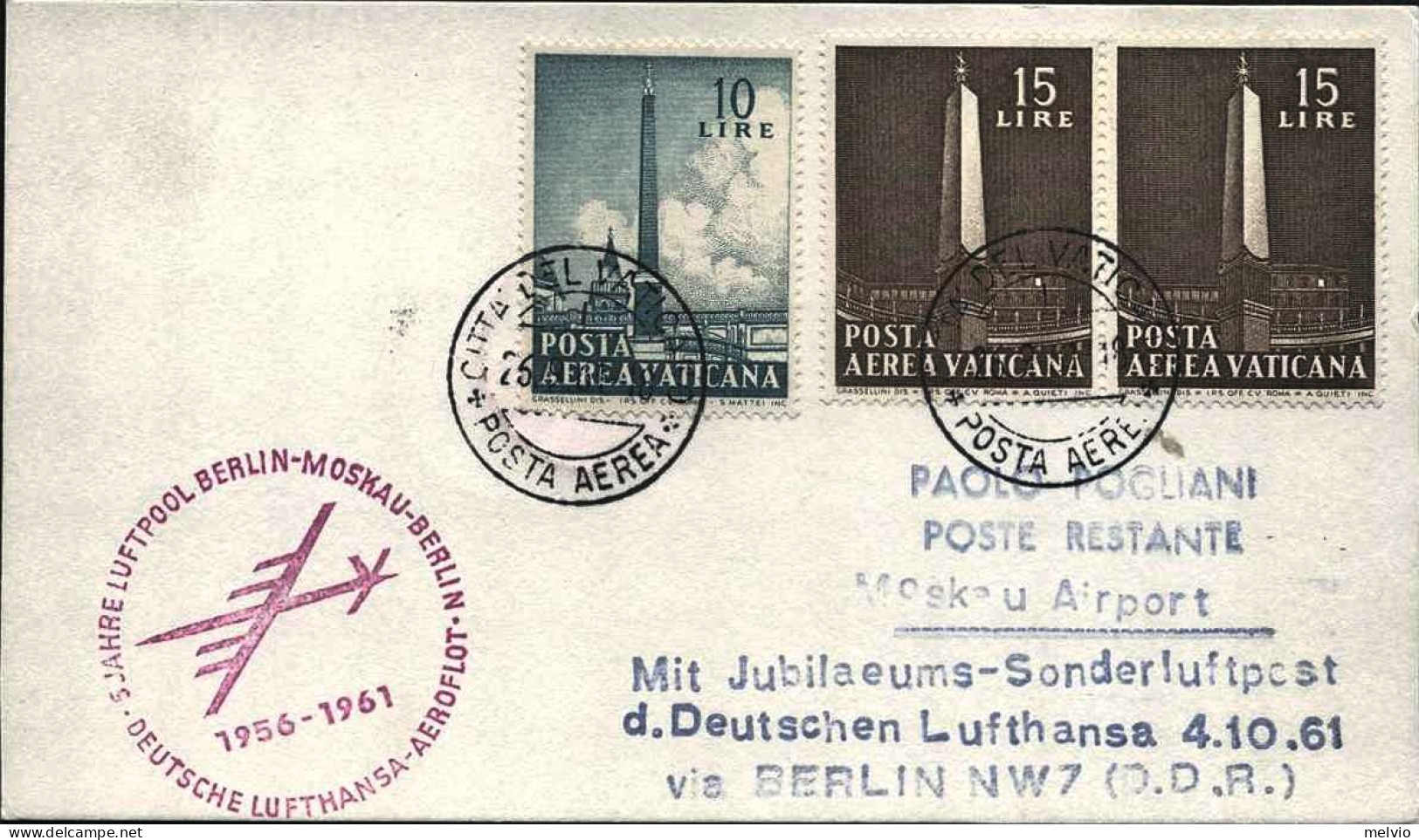 1961-Vaticano Cartoncino Affrancato Posta Aerea L.10+coppia L.15 Obelischi Diret - Aéreo