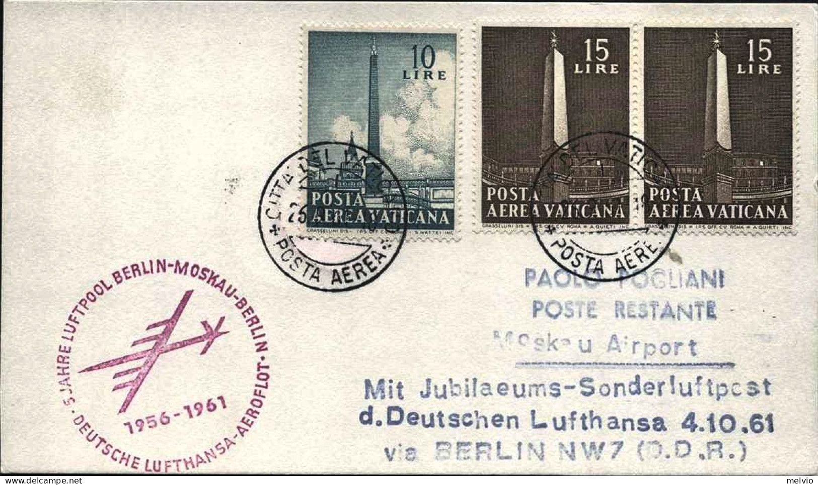 1961-Vaticano Cartoncino Affrancato Posta Aerea L.10+coppia L.15 Obelischi Diret - Poste Aérienne