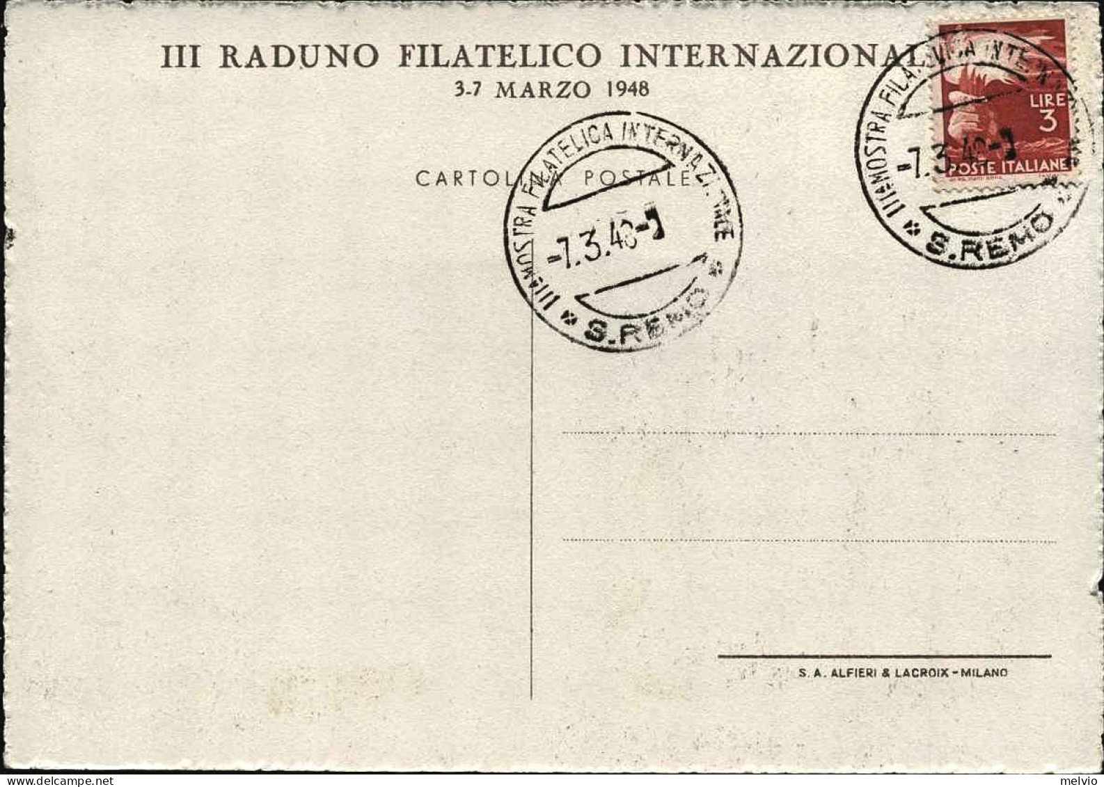 1948-cartolina III^raduno Filatelico Internazionale Sanremo Con Annullo Della Ma - Manifestazioni