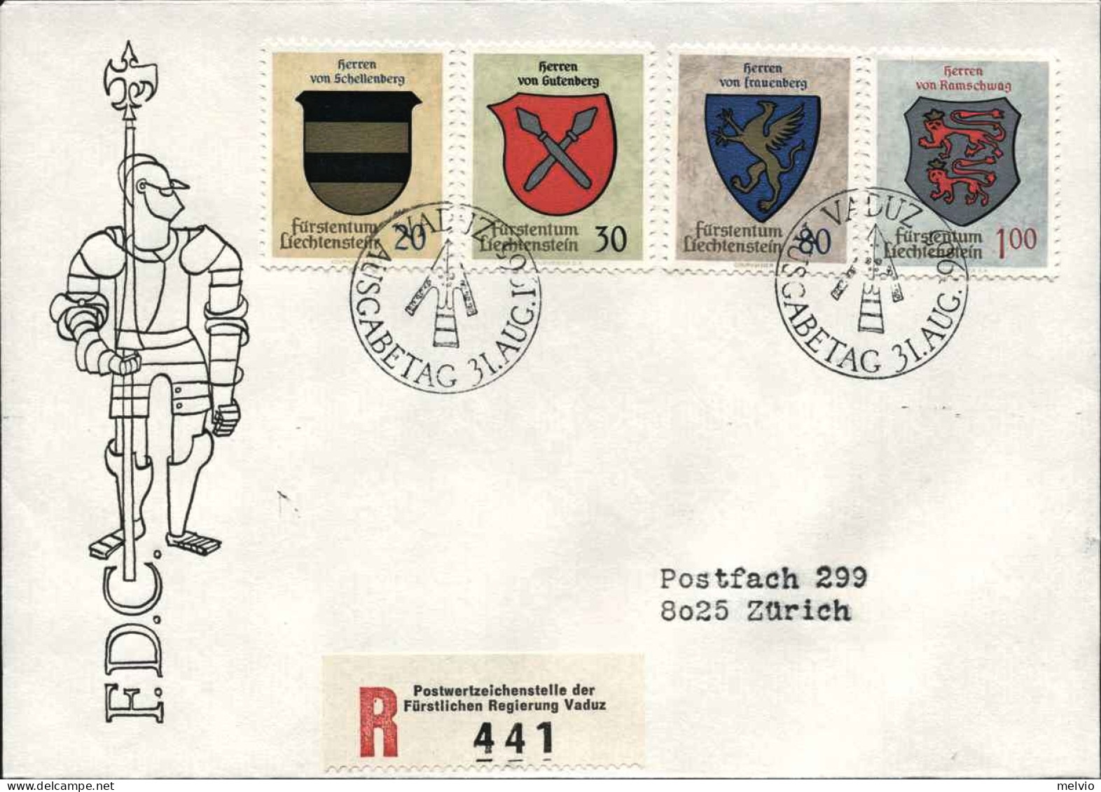 1965-Liechtenstein S.4v."stemmi Nobiliari"su Raccomandata Fdc Illustrata - FDC