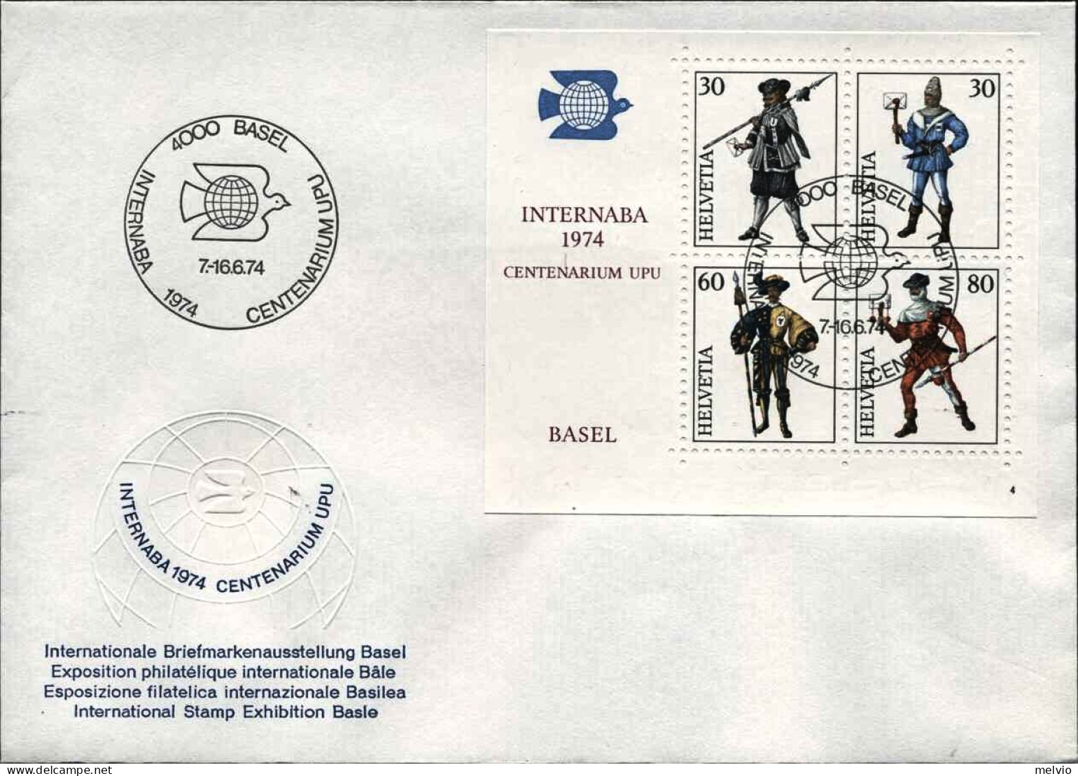 1974-Svizzera S.4v.in Foglietto "esposizione Filatelica Internaba-messaggeri Var - FDC