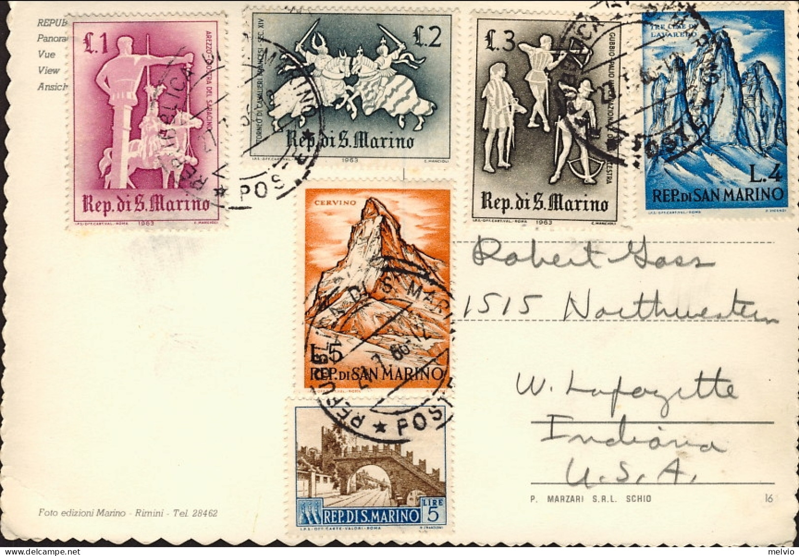 1966-San Marino Cartolina Per Gli U.S.A. Con Bella Affrancatura Multicolore (sei - Storia Postale