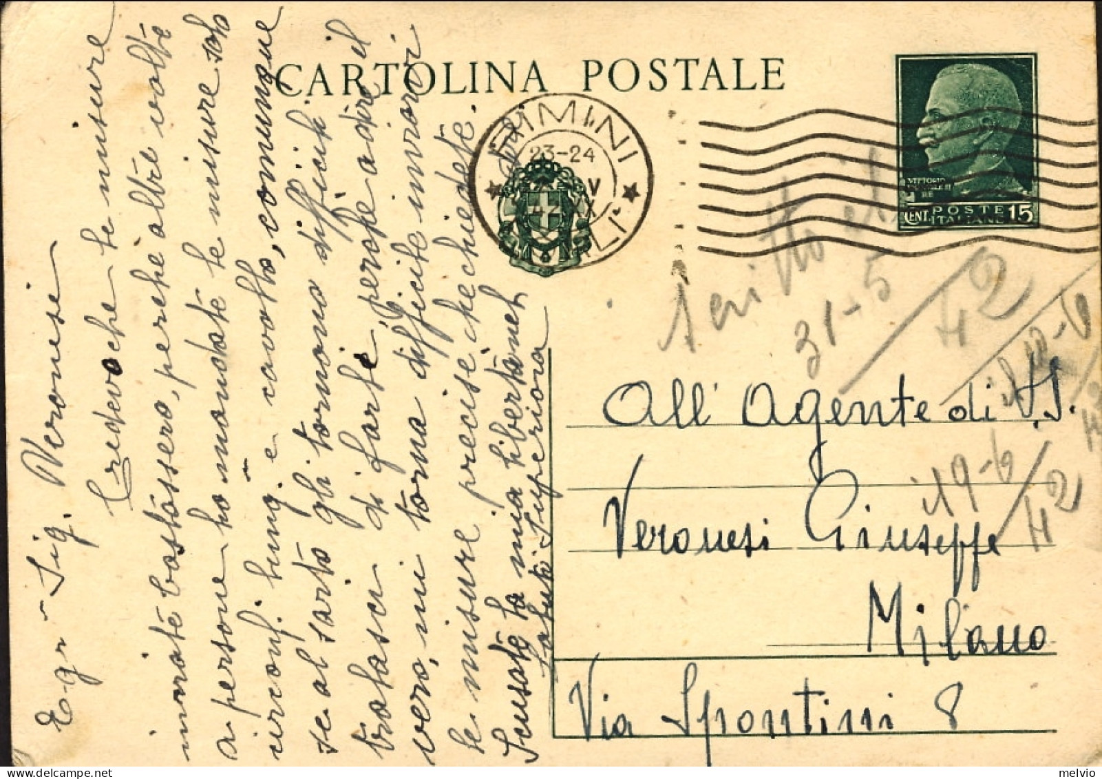 1942-cartolina Postale 15c.Imperiale Fuori Corso Dal1935 (uso Tardivo Del 23 Mag - Stamped Stationery