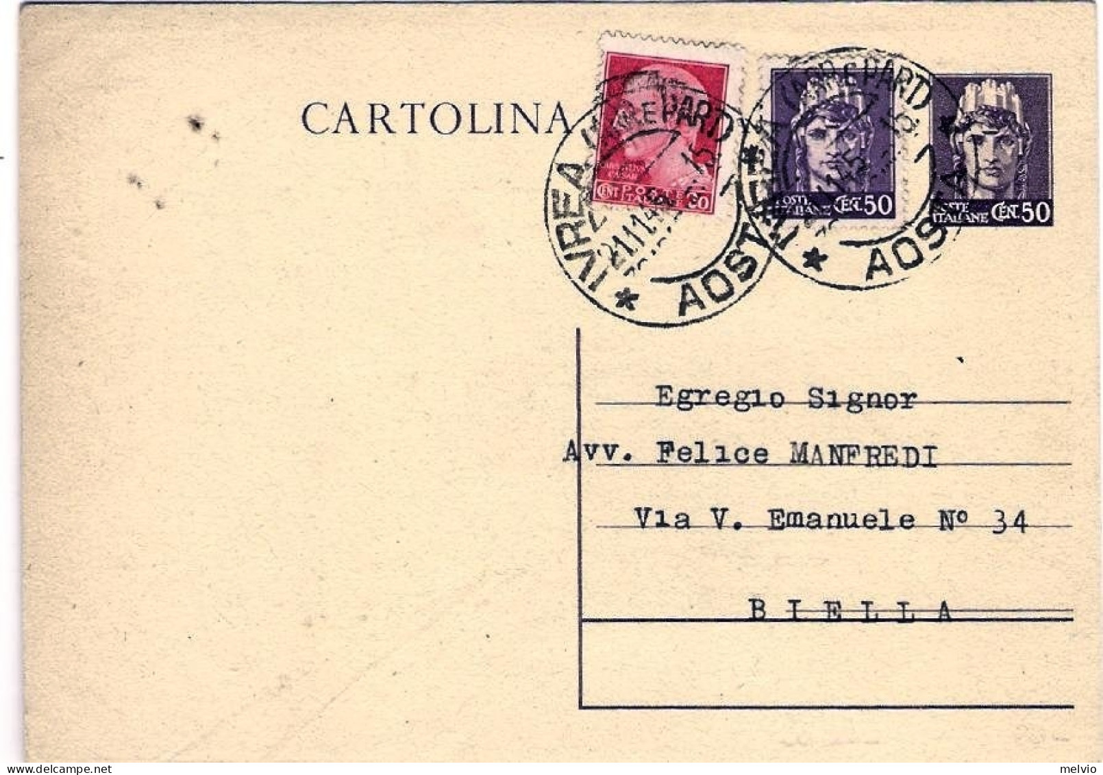 1945-cartolina Postale 50c.Turrita Con Affrancatura Aggiunta 20c.+50c.Imperiale  - Storia Postale