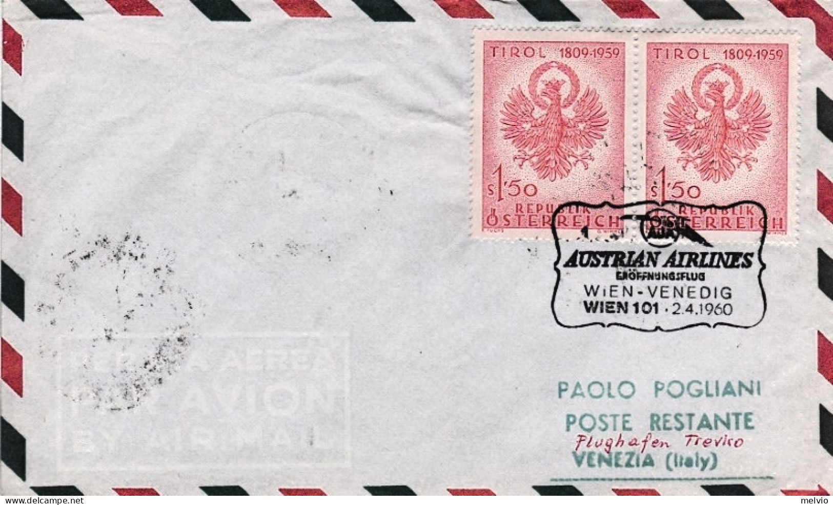 1960-Austria I^volo AUA Wien Venedig Del 2 Aprile - Autres & Non Classés