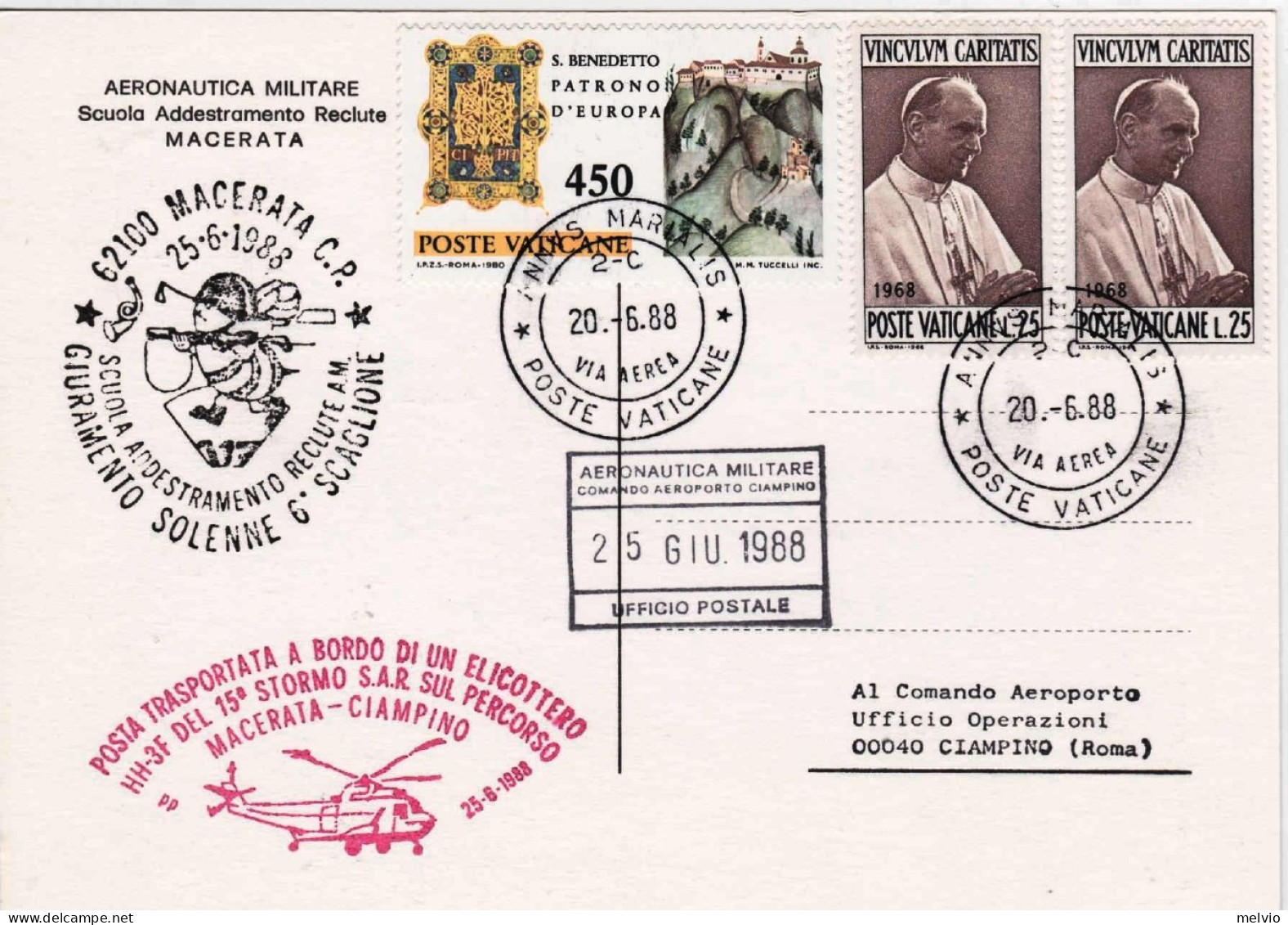 Vaticano-1988  Volo Macerata Ciampino Giuramento Solenne,corrispondenza Trasport - Aéreo