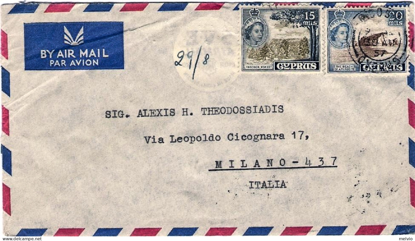 1957-Cipro Busta Affrancata 15m.+20m. Diretta In Italia - Sonstige & Ohne Zuordnung