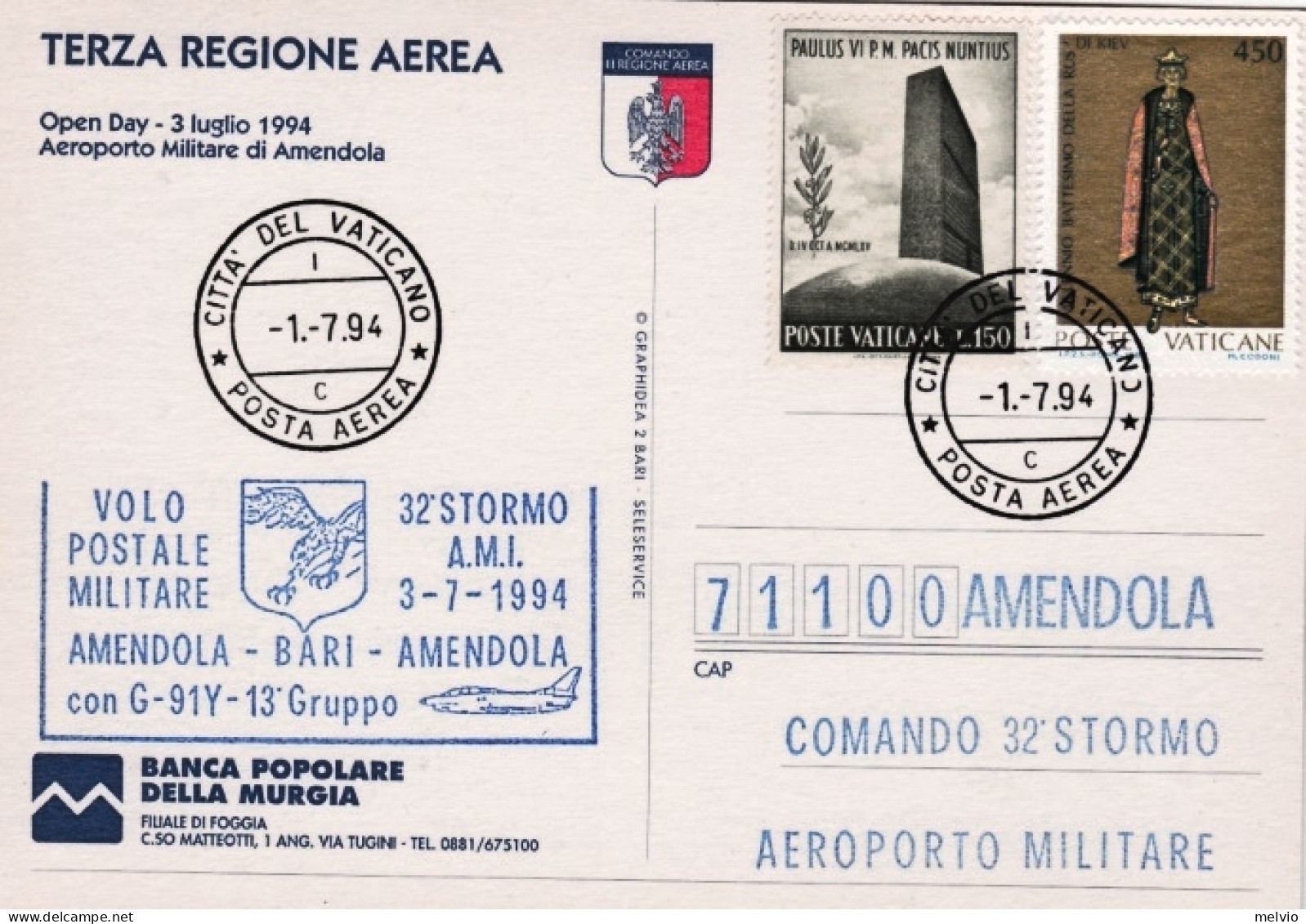 Vaticano-1994 Volo Postale Militare Con G91 Y Amendola Bari Amendola Del 3 Lugli - Aéreo
