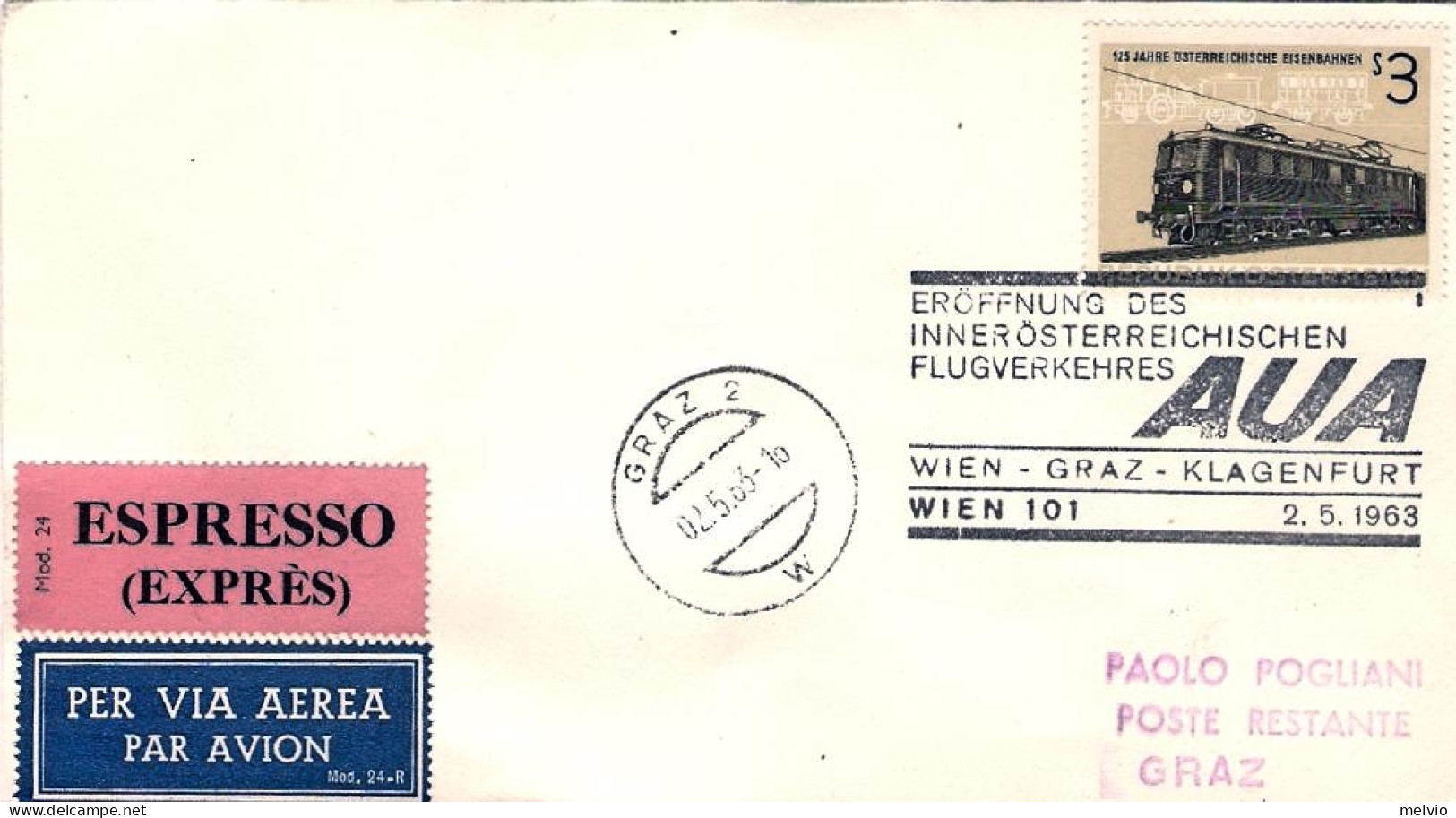 1963-Autriche Osterreich Austria Wien Graz Klagenfurt Wien 101 AUA Affrancato 3s - Autres & Non Classés