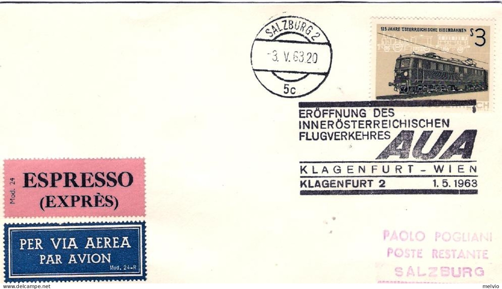 1963-Autriche Osterreich Austria Klagenfurt Wien Klagenfurt 2 AUA Affrancato 3sh - Altri & Non Classificati