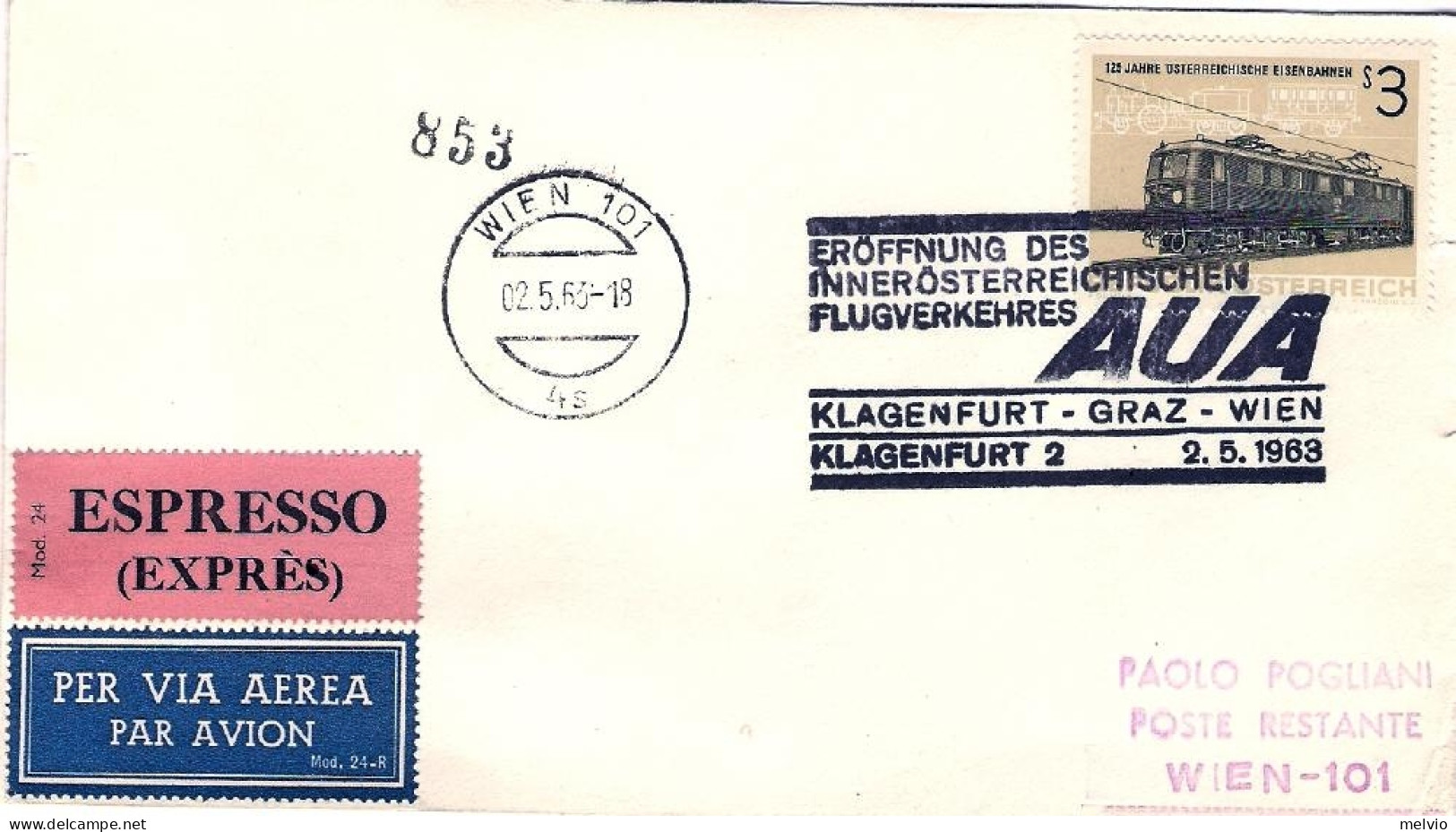 1963-Autriche Osterreich Austria Klagenfurt Graz Wien Klagenfurt 2 AUA Affrancat - Autres & Non Classés