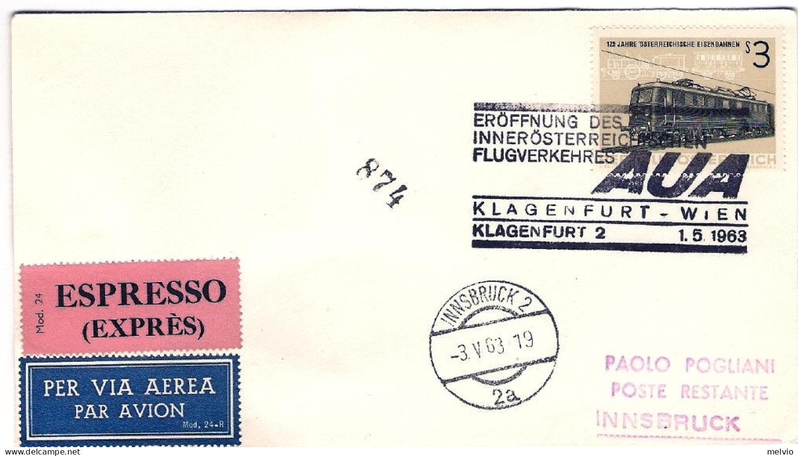 1963-Autriche Osterreich Austria Klagenfurt Wien Klagenfurt 2 AUA Affrancato 3sh - Autres & Non Classés