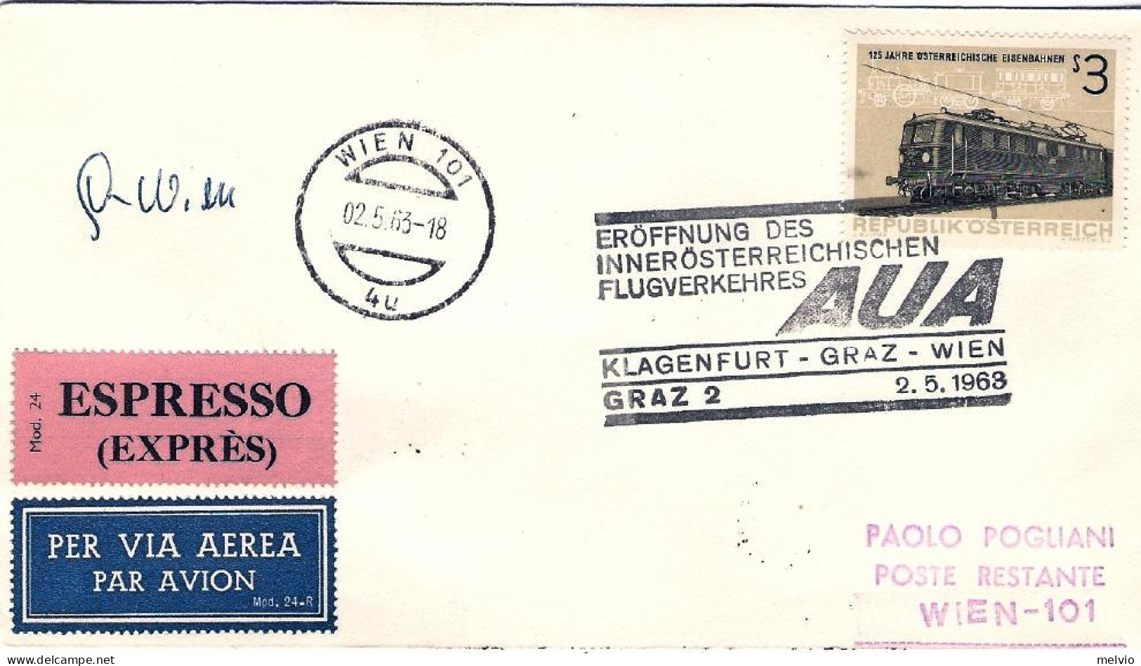 1963-Autriche Osterreich Austria Klagenfurt Graz Wien Graz 2 AUA Affrancato 3sh. - Andere & Zonder Classificatie