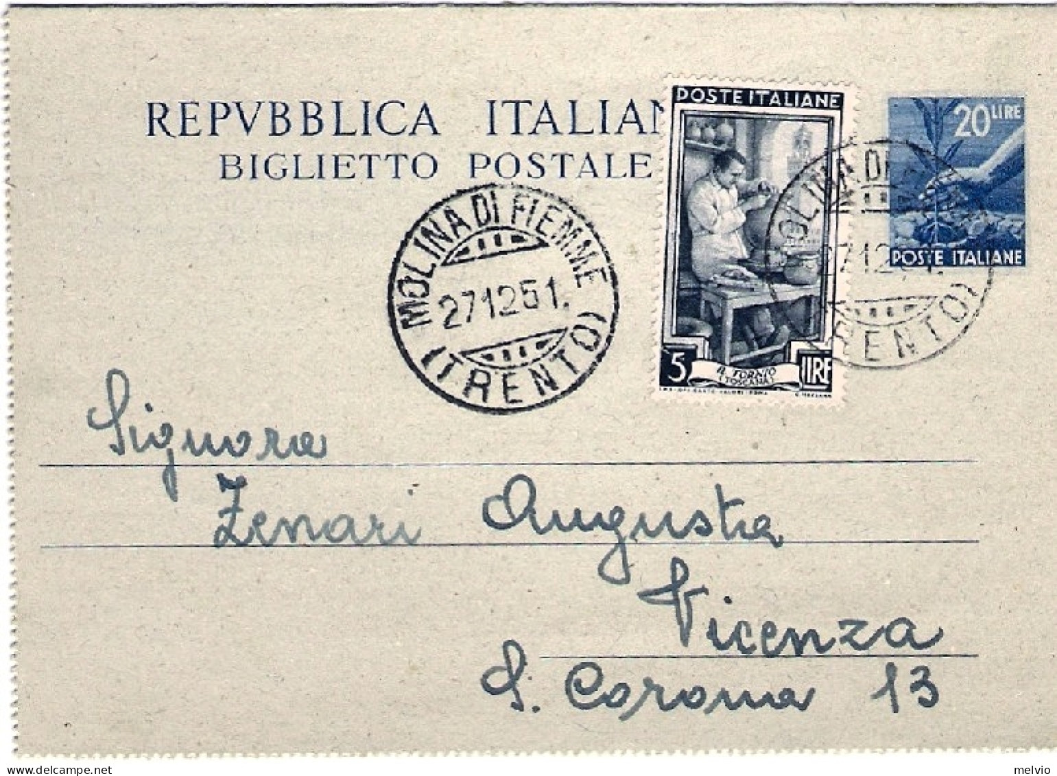 1951-biglietto Postale L.20 Olivo Con Affrancatura Aggiunta L.5 Italia Al Lavoro - Interi Postali
