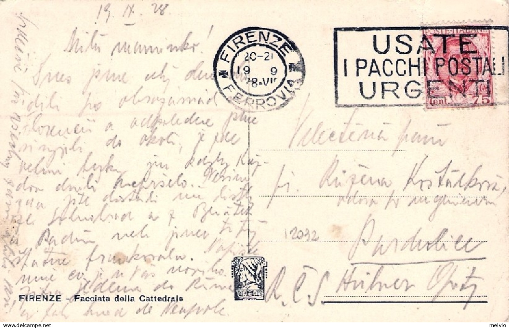 1928-cartolina Firenze Facciata Della Cattedrale Affrancata 75c. Diretta In Ceco - Firenze (Florence)