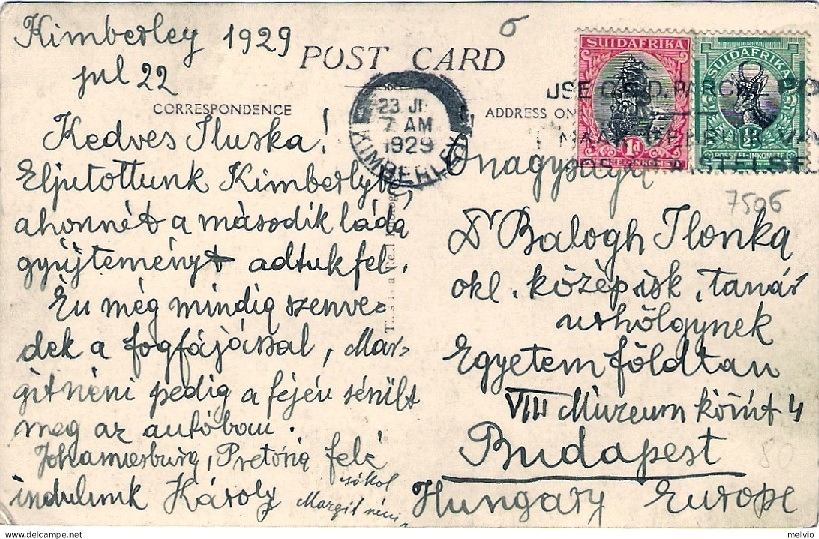 1929-Sudafrica Cartolina Alexandersfontien Hotel Kimberley Diretta In Ungheria - Marcofilie